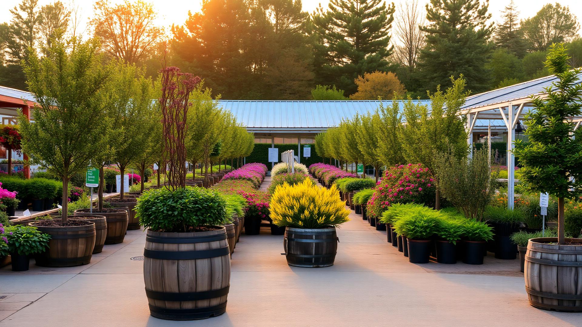 Rows of potted trees and flowering shrubs at the On Time Landscaping nursery at golden hour