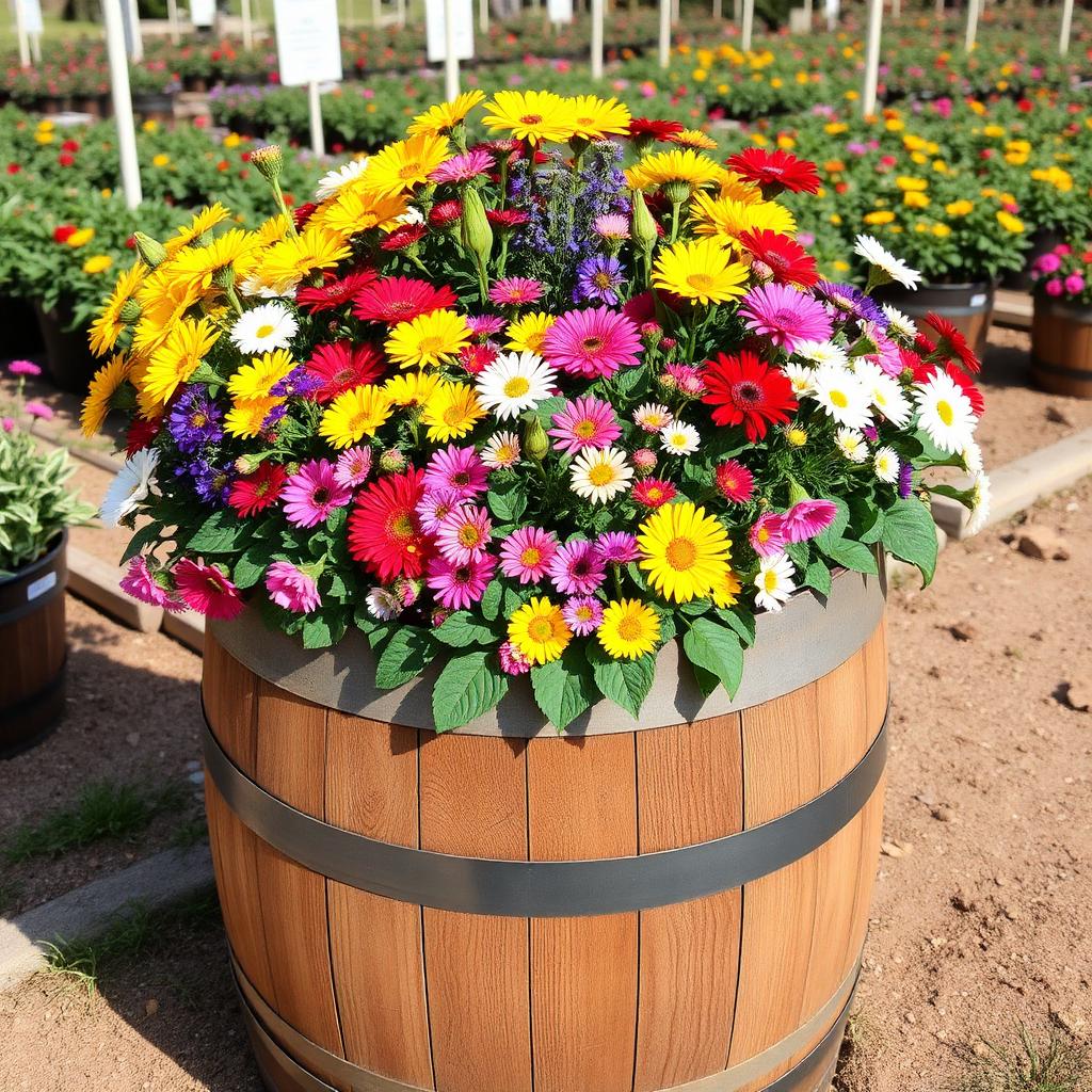 Oak whiskey barrel planter overflowing with colorful seasonal flowers